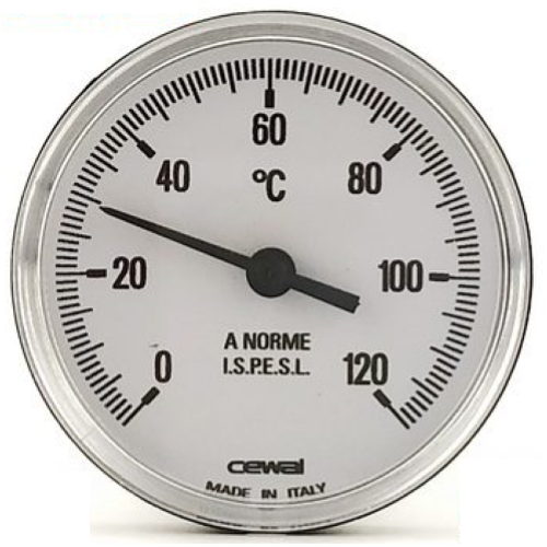 THERMOMÈTRE BIMÉTALLIQUE AVEC BOÎTIER EN ACIER INOXYDABLE AVEC DOS LONGUEUR DE LA TIGE 10 CM - DIAM. 63MM - 0-120°C