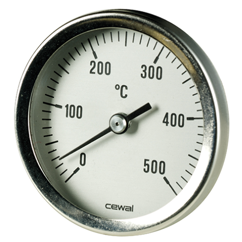 PYROMÈTRE / THERMOMÈTRE POUR FOUR À HAUTE TEMPÉRATURE EN ACIER ZINGÉ AVEC TIGE ARRIÈRE - LONG. 150 MM - DIAM. 62,2 MM - 0-500 °C