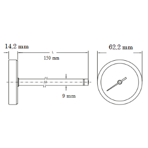 PYROMÈTRE / THERMOMÈTRE POUR FOUR À HAUTE TEMPÉRATURE EN ACIER ZINGÉ AVEC TIGE ARRIÈRE - LONG. 150 MM - DIAM. 62,2 MM - 0-500 °C
