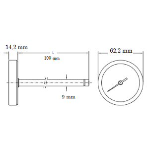 PYROMÈTRE / THERMOMÈTRE POUR FOUR À HAUTE TEMPÉRATURE EN ACIER ZINGUÉ AVEC TIGE ARRIÈRE - LONG. 100 MM - DIAM. 62,2 MM - 0-500 °C