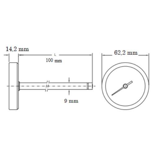 PYROMÈTRE / THERMOMÈTRE POUR FOUR À HAUTE TEMPÉRATURE EN ACIER ZINGUÉ AVEC TIGE ARRIÈRE - LONG. 100 MM - DIAM. 62,2 MM - 0-500 °C