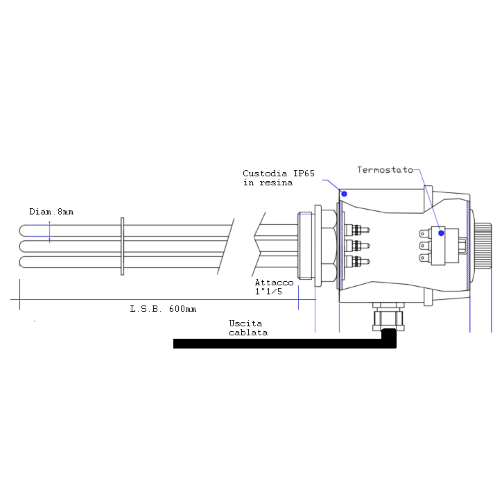 TUBULAR HEATER 9KW - 230V/400V - ATT. 1"1/2 - LSB.600 - THREE-PHASE THERMOSTAT ON BOARD 30-110°C - IP65