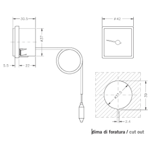 TERMOMETRO A CAPILLARE CON FRONTALE TERMOPLASTICO QUADRATO 42X42MM DA CRUSCOTTO CON FISSAGGIO AD ALETTE ELASTICHE  0-120°C