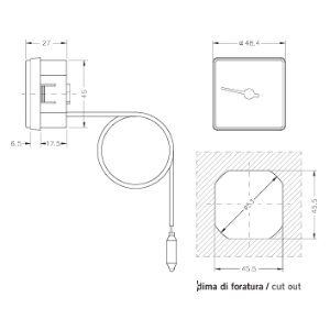 TERMÓMETRO CAPILAR CON FRONTAL TERMOPLÁSTICO CUADRADO DE 48,4 X 48,4 MM PARA SALPICADERO, CON FIJACIÓN MEDIANTE ALETAS ELÁSTICAS, 0-120 °C